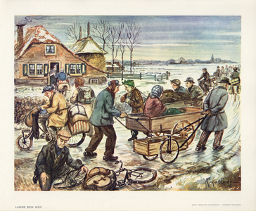 136046 Afbeelding van mensen die met allerlei transportmiddelen voedsel vervoeren tijdens de hongerwinter van ...